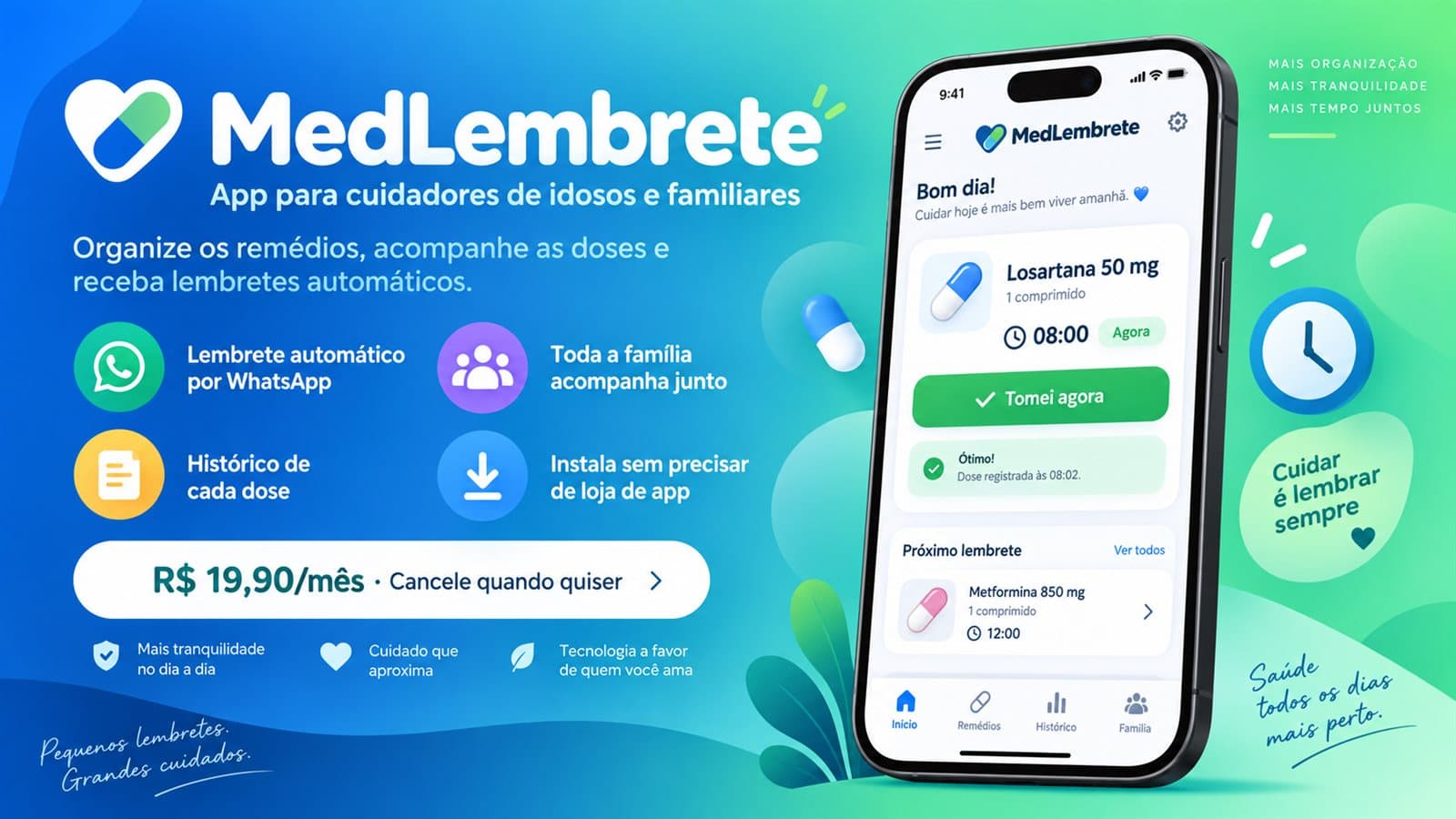 Tela do MedLembrete mostrando o remédio do dia, o botão 'Tomei agora' e o próximo lembrete